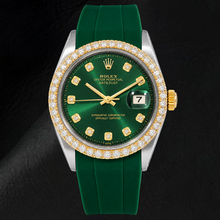 Afbeelding in Gallery-weergave laden, Rolex Datejust 1601 36mm Groene Diamanten Wijzerplaat Groene Rubberen Band Tweekleurig Horloge
