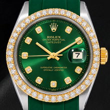 Afbeelding in Gallery-weergave laden, Rolex Datejust 1601 36mm Groene Diamanten Wijzerplaat Groene Rubberen Band Tweekleurig Horloge
