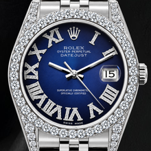 Afbeelding in Gallery-weergave laden, Rolex Datejust 16200 36mm Blauwe Romeinse Diamanten Wijzerplaat Roestvrij Staal Horloge
