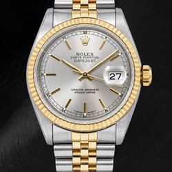 Rolex Datejust 16233 36mm Tweekleurig Horloge met Zilverkleurige Wijzerplaat met Streepindexen