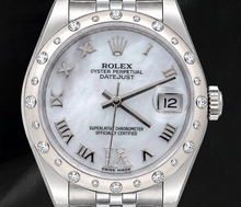 Afbeelding in Gallery-weergave laden, Rolex Datejust 178344 31 mm horloge met wijzerplaat van witte parelmoer en Romeinse cijfers, uitgevoerd in witgoud en roestvrij staal
