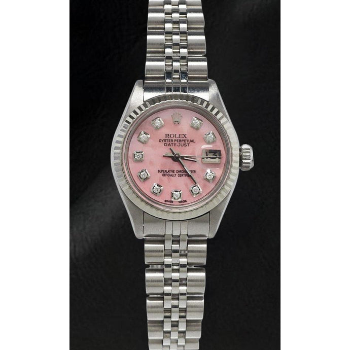 Rolex Datejust 26 mm roze parelmoer diamanten wijzerplaat roestvrij staal horloge