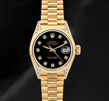 Afbeelding in Gallery-weergave laden, Rolex Datejust 26mm 69178 Zwarte Diamanten Wijzerplaat Geelgoud Horloge 18K
