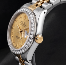 Afbeelding in Gallery-weergave laden, Rolex Datejust 26mm 6917 Champagne Romeinse Wijzerplaat Diamanten Lunette Tweekleurig Horloge
