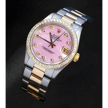 Afbeelding in Gallery-weergave laden, Rolex Datejust 31 mm roze parelmoer diamanten wijzerplaat two tone Oyster armband horloge
