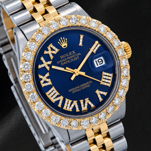 Afbeelding in Gallery-weergave laden, Rolex Datejust 36mm 1601 Blauwe Romeinse Diamanten Wijzerplaat Tweekleurig Jubilee-armband
