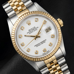 Rolex Datejust 36 mm horloge met witte wijzerplaat en Natuurlijke echte diamant ( niet in het laboratorium gekweekt )en, tweekleurig ontwerp