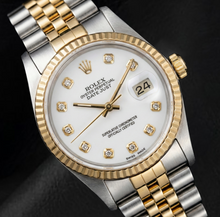 Afbeelding in Gallery-weergave laden, Rolex Datejust 36 mm horloge met witte wijzerplaat en diamanten, tweekleurig ontwerp
