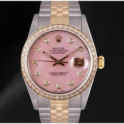 Rolex Datejust 36 mm roze parelmoer diamanten wijzerplaat tweekleurig horloge