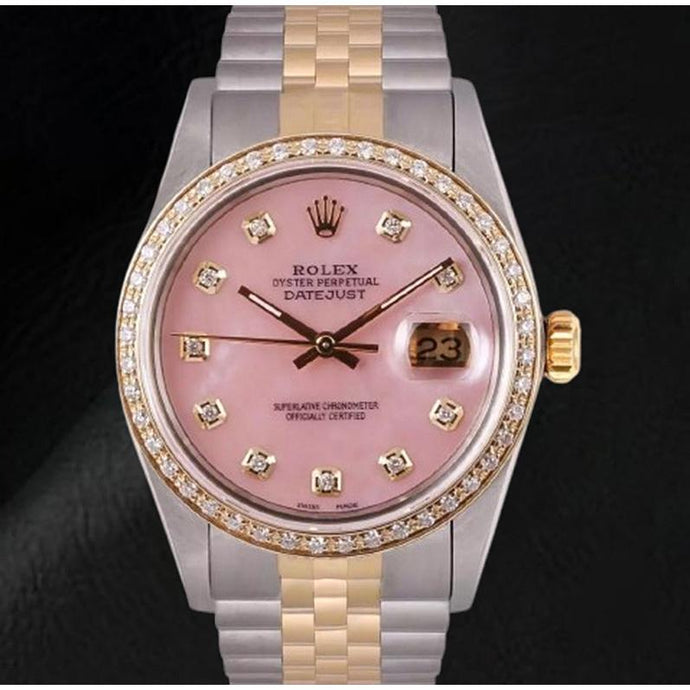 Rolex Datejust 36 mm roze parelmoer diamanten wijzerplaat tweekleurig horloge