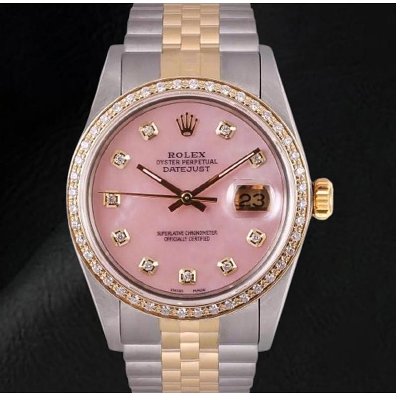 Rolex Datejust 36 mm roze parelmoer diamanten wijzerplaat tweekleurig horloge