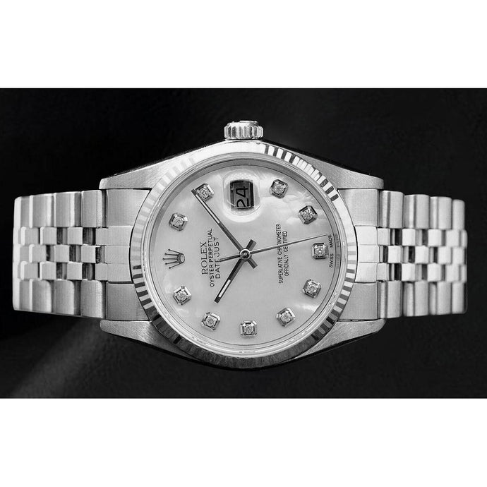 Rolex Datejust 36 mm wit parelmoeren diamanten wijzerplaat roestvrij staal horloge