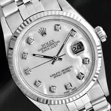 Afbeelding in Gallery-weergave laden, Rolex Datejust 36 mm wit parelmoeren diamanten wijzerplaat roestvrij staal horloge
