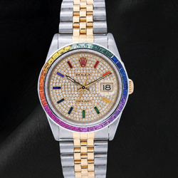 Rolex Datejust 36mm 16013 Tweekleurig horloge met pavé diamanten en regenboog uurmarkeringen wijzerplaat