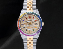 Afbeelding in Gallery-weergave laden, Rolex Datejust 36mm 16013 Tweekleurig horloge met pavé diamanten en regenboog uurmarkeringen wijzerplaat
