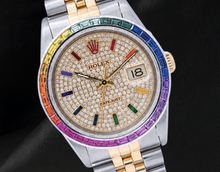 Afbeelding in Gallery-weergave laden, Rolex Datejust 36mm 16013 Tweekleurig horloge met pavé diamanten en regenboog uurmarkeringen wijzerplaat
