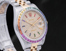 Afbeelding in Gallery-weergave laden, Rolex Datejust 36mm 16013 Tweekleurig horloge met pavé diamanten en regenboog uurmarkeringen wijzerplaat
