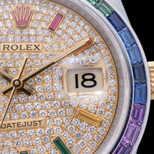 Afbeelding in Gallery-weergave laden, Rolex Datejust 36mm 16013 Tweekleurig horloge met pavé diamanten en regenboog uurmarkeringen wijzerplaat
