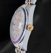 Afbeelding in Gallery-weergave laden, Rolex Datejust 36mm 16013 Tweekleurig horloge met pavé diamanten en regenboog uurmarkeringen wijzerplaat
