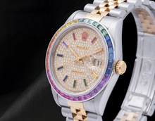 Afbeelding in Gallery-weergave laden, Rolex Datejust 36mm 16013 Tweekleurig horloge met pavé diamanten en regenboog uurmarkeringen wijzerplaat
