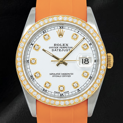 Rolex Datejust 16013 36mm Witte Diamanten Wijzerplaat Oranje Rubberen Band Horloge