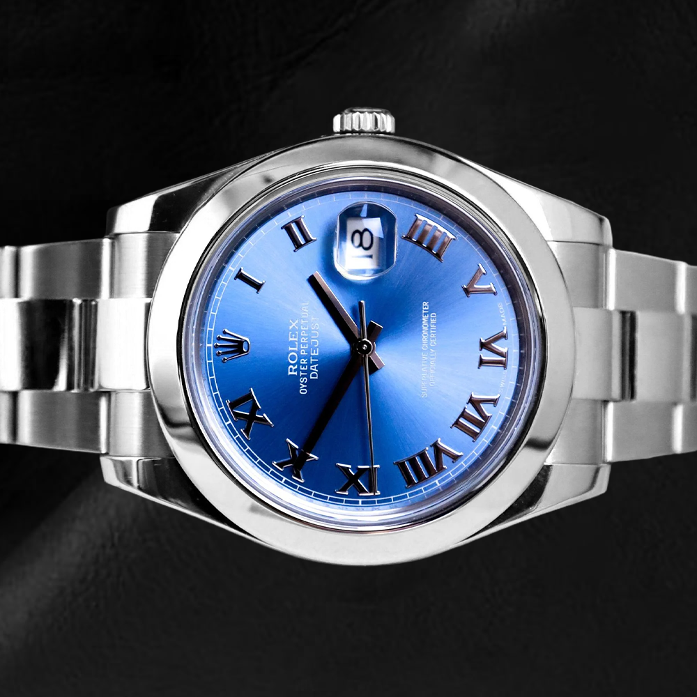 Rolex Datejust 41 mm blauwe Romeinse wijzerplaat roestvrij staal Oyster armband horloge