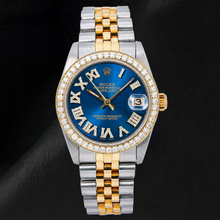 Afbeelding in Gallery-weergave laden, Rolex Datejust 6824 31mm Blauwe Romeinse Diamanten Wijzerplaat Tweekleurig Jubilee-armband Horloge
