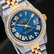 Afbeelding in Gallery-weergave laden, Rolex Datejust 6824 31mm Blauwe Romeinse Diamanten Wijzerplaat Tweekleurig Jubilee-armband Horloge
