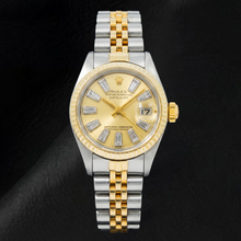 Afbeelding in Gallery-weergave laden, Rolex Datejust 69173 26mm Champagne Baguette Diamanten Wijzerplaat Tweekleurig Horloge
