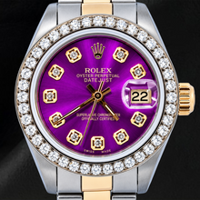 Afbeelding in Gallery-weergave laden, Rolex Datejust 69173 26mm Paarse Diamanten Wijzerplaat Tweekleurig Oyster-armband Horloge

