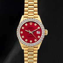 Afbeelding in Gallery-weergave laden, Rolex Datejust 69178 26mm Rode Diamanten Wijzerplaat Geelgoud President Band 18K Horloge
