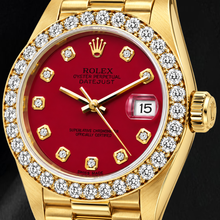 Afbeelding in Gallery-weergave laden, Rolex Datejust 69178 26mm Rode Diamanten Wijzerplaat Geelgoud President Band 18K Horloge
