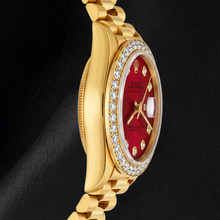 Afbeelding in Gallery-weergave laden, Rolex Datejust 69178 26mm Rode Diamanten Wijzerplaat Geelgoud President Band 18K Horloge
