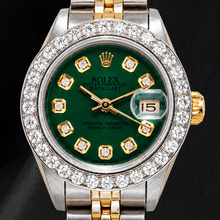 Afbeelding in Gallery-weergave laden, Rolex Datejust 6917 26mm Groene Diamanten Wijzerplaat Roestvrij Staal Diamanten Lunette Tweekleurig Horloge
