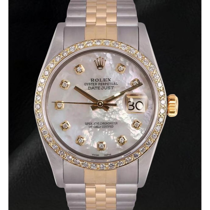 Rolex Datumjust herenhorloge met parelmoer diamanten wijzerplaat tweekleurige snel ingesteld