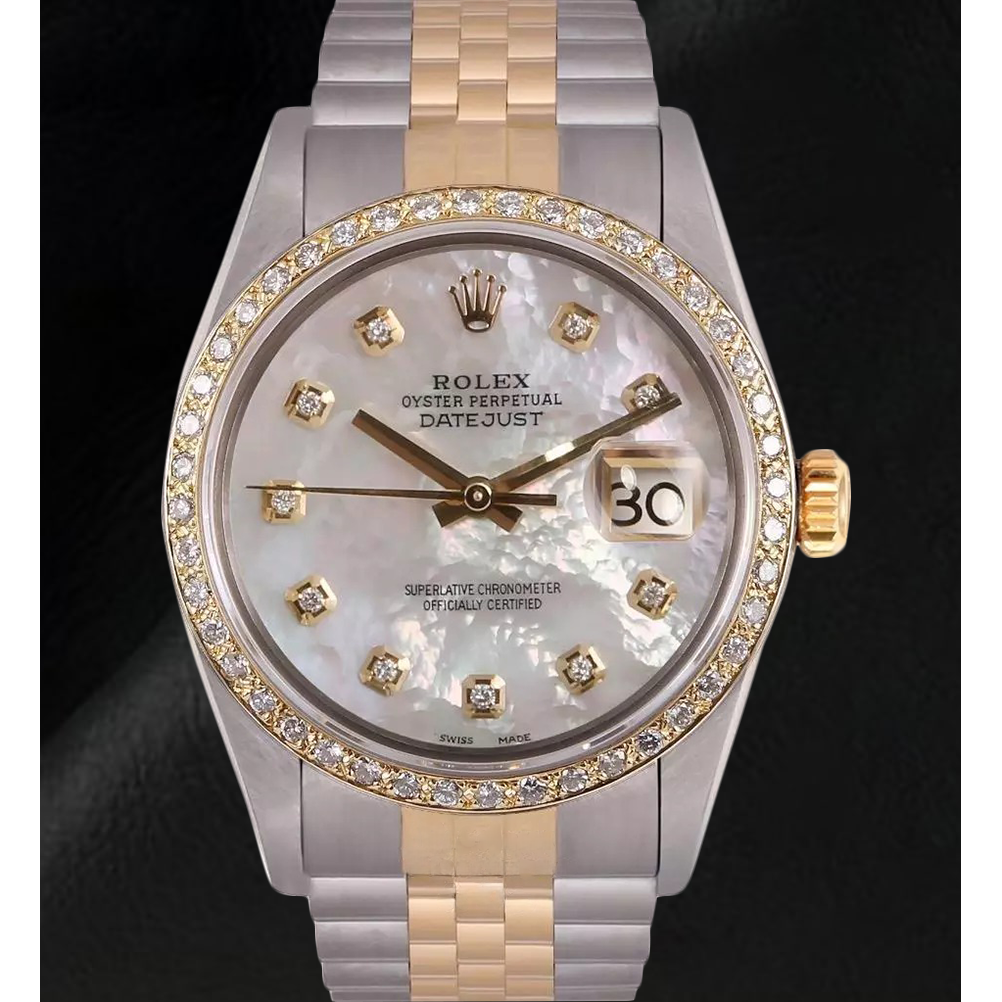 Rolex Datumjust herenhorloge met parelmoer diamanten wijzerplaat tweekleurige snel ingesteld
