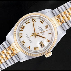 Rolex Datejust Jaar 2002 Witte Romeinse Wijzerplaat 36 mm Tweekleurig Horloge