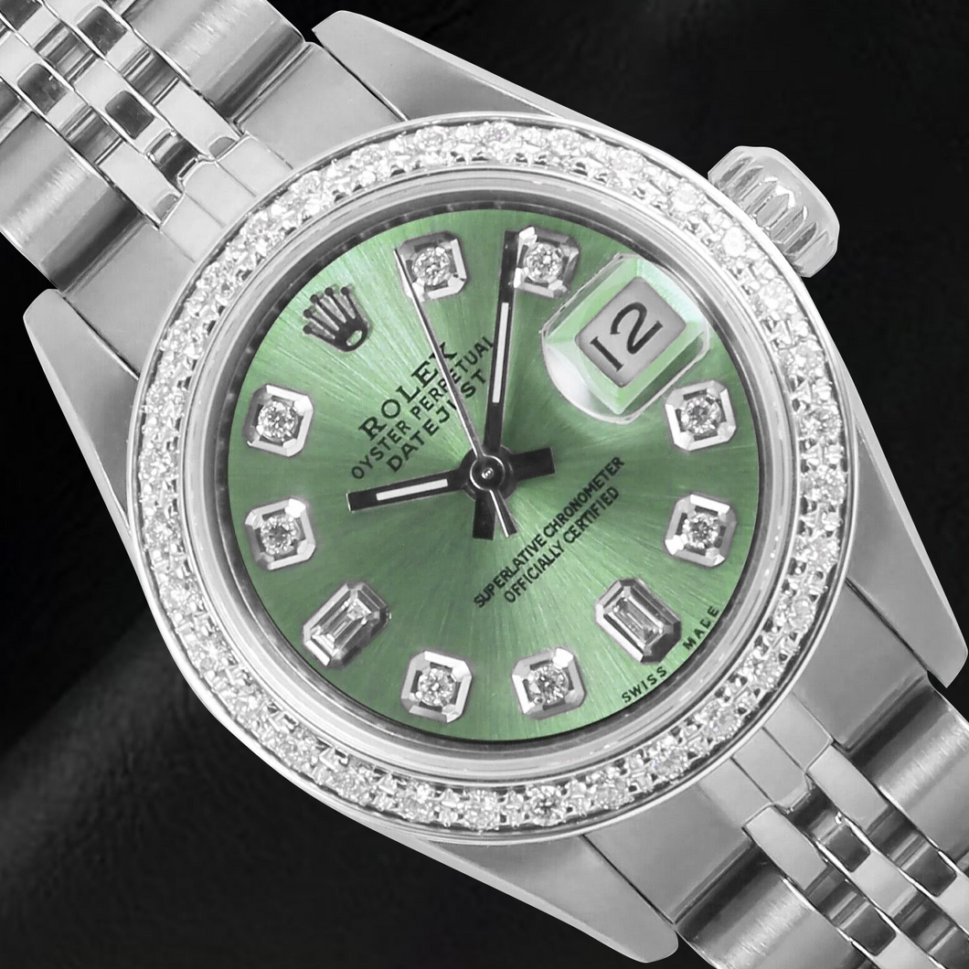 Rolex Datejust Olijfgroen Baguette Diamant 26 mm Roestvrijstalen Horloge