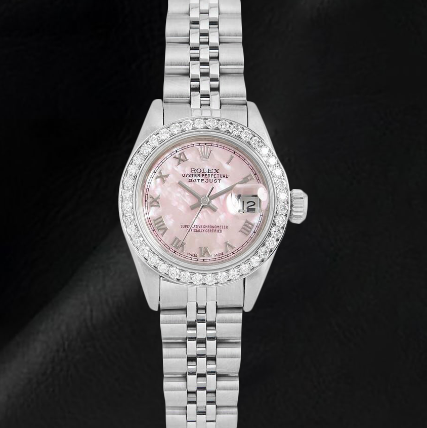 Rolex Datejust Roze Parelmoer Romeinse Wijzerplaat 26 mm Roestvrijstalen Horloge