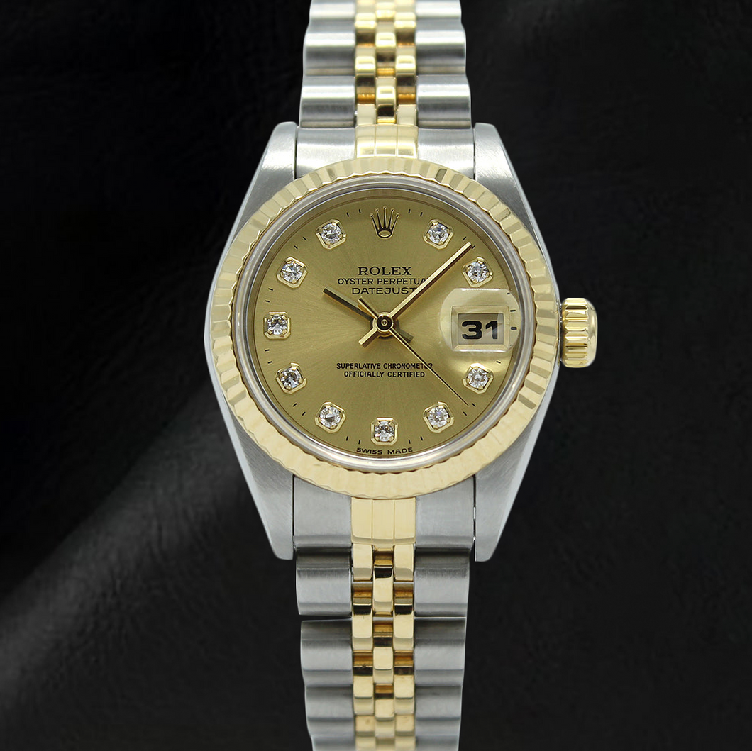 Rolex Datejust champagne diamanten wijzerplaat 26 mm jaar 2001 tweekleurig horloge
