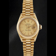 Afbeelding in Gallery-weergave laden, Rolex Datejust presidentiële stijl 26 mm champagne wijzerplaat geelgoud dameshorloge
