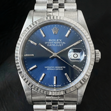Afbeelding in Gallery-weergave laden, Rolex Datejust roestvrijstalen horloge van 36 mm met blauwe stickwijzerplaat
