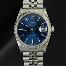 Afbeelding in Gallery-weergave laden, Rolex Datejust roestvrijstalen horloge van 36 mm met blauwe stickwijzerplaat
