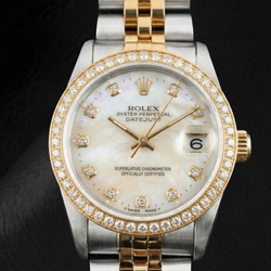 Echte Rolex Datejust uit 2000 met witte parelmoeren wijzerplaat en diamanten, 31 mm, tweekleurig ...