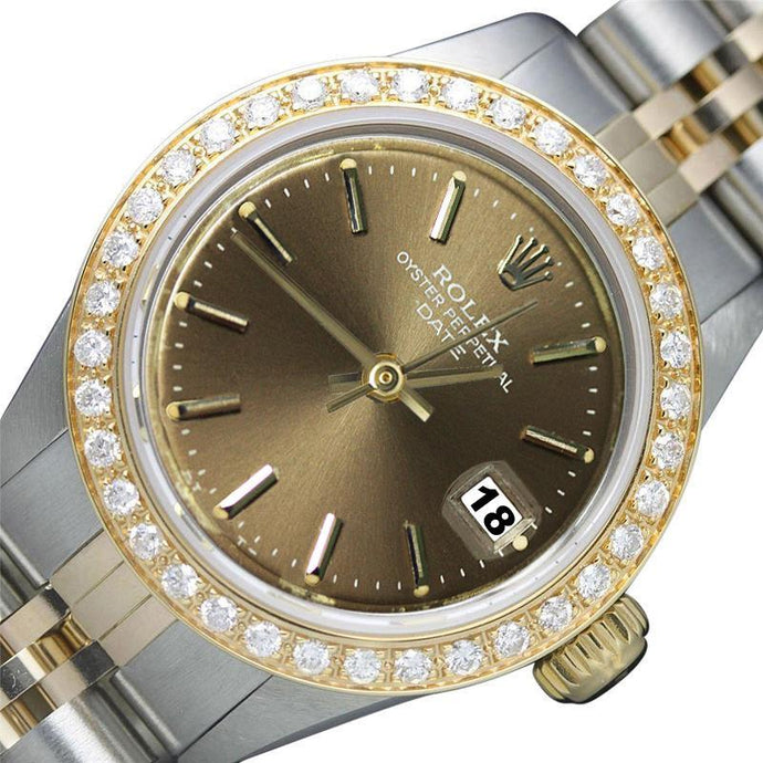 Rolex Datum Champagne Stok-wijzerplaat met diamanten randhorloge Roestvrij staal en jubileum

