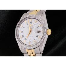 Afbeelding in Gallery-weergave laden, Rolex Datum Herenhorloge Romeinse wijzerplaat diamanten rand tweekleurig jubileum
