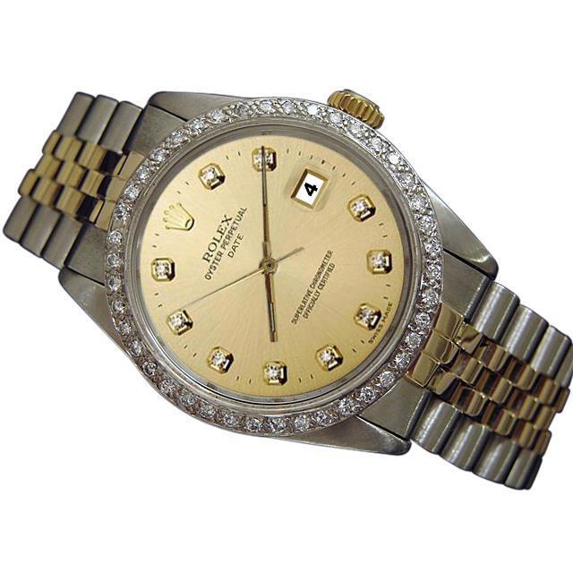 Rolex Datumhorloge Heren Champagne diamanten wijzerplaat rand tweekleurig Jubileum
