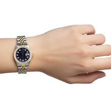Afbeelding in Gallery-weergave laden, Rolex Datumjust-horloge met blauwe diamanten wijzerplaat en gecanneleerde rand Roestvrij staal en gouden jubileum P4
