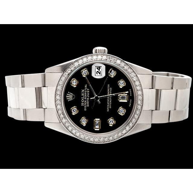 Rolex Datumjust-horloge met diamanten rand Roestvrijstalen zwarte diamanten wijzerplaat
