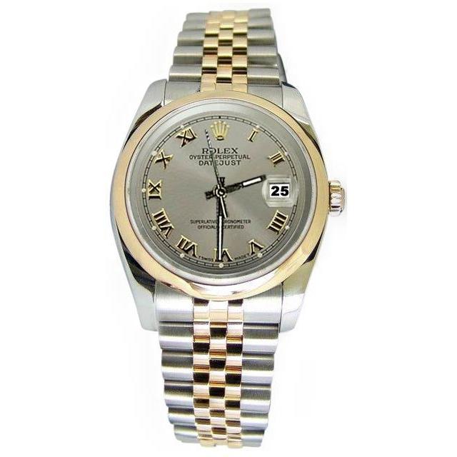 Rolex Datumjust-horloge met grijze Romeinse wijzerplaat, tweekleurige gladde rand, jubileum snel ingesteld

